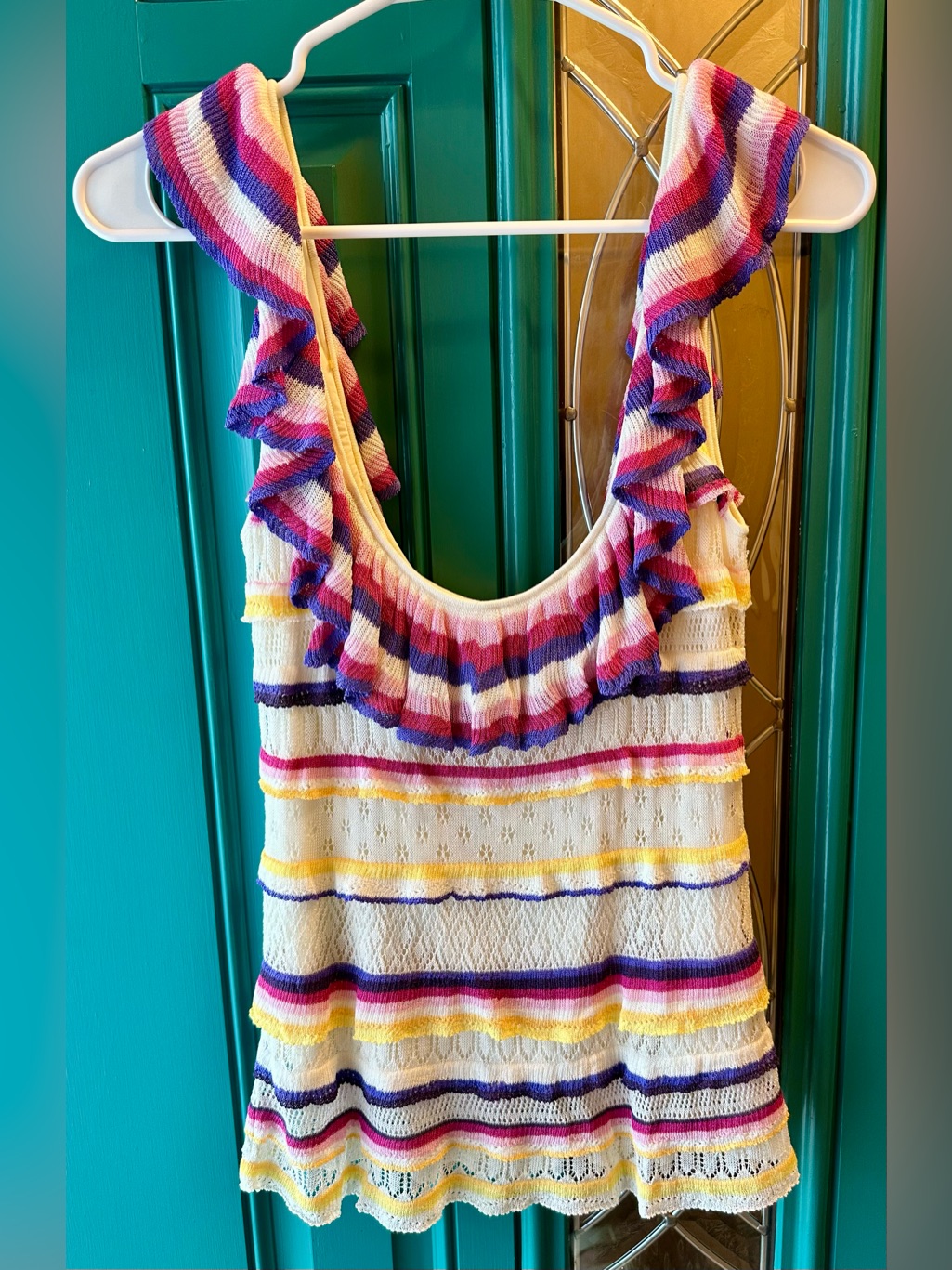 Sezane Leya Knit Tank Top Rainbow Stripe Ruffle Scoop Neck Pointelle Small